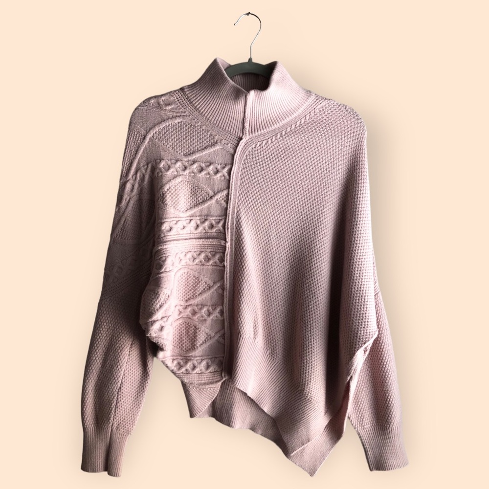 White Birch Allie Top Pastel Pink Boho Waffle Knit Asymmetrical Sweater Small